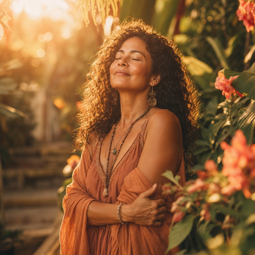 Woman embracing sacred transformation in golden light